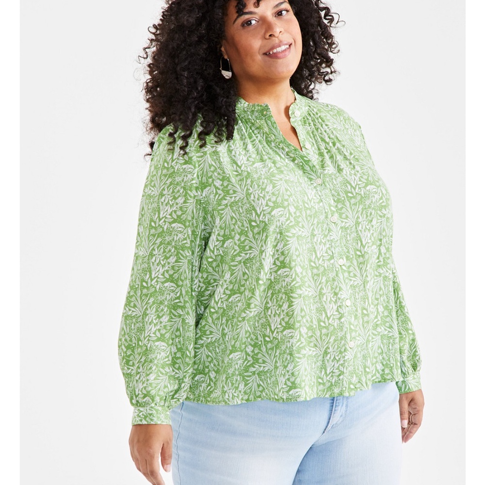 Style & Co. Green Mandarin Collar Relaxed Blouse